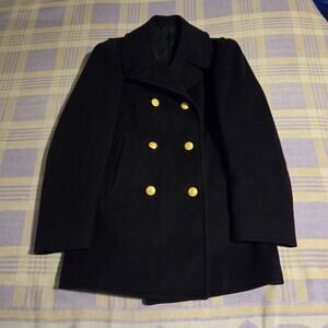 Vintage 60s 70s Peacoat US NAVY Officer 100% Wool Black Gold Buttons 36R EUC